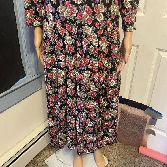 Vintage 80s Paquette Too! Red Black floral drop waist midi dress 14 Cottagecore - Picture 10 of 10